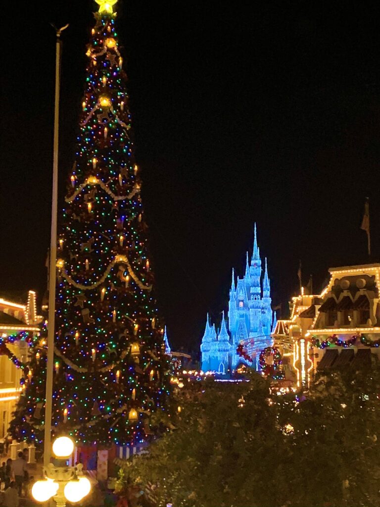 Main Street USA - Magic Kingdom - Christmas Tree and Cinderella Castle - What Disney At The Holidays Means To Us