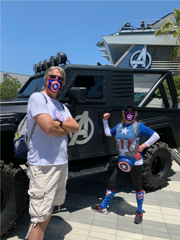 Tom and Michelle posing in Avengers Campus at Disney California Adventure Park - Our Avengers Campus Opening Day Recap