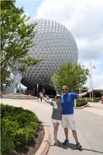 Tom & Michelle at Spaceship Earth in Epcot - Walt Disney World - July Disneyland & Walt Disney World Visit Recap