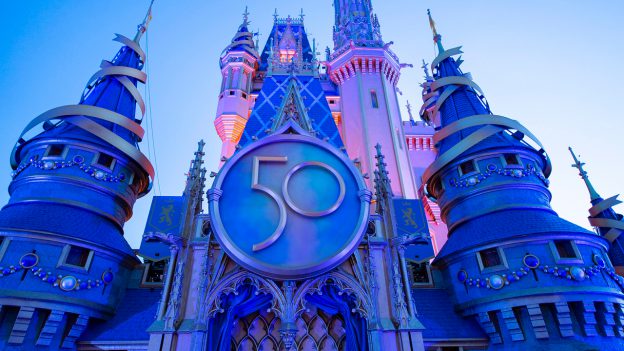 Cinderella Castle adorned with Walt Disney World's 50th Anniversary Decorations - All About Chip & Dale - Disney's Dynamic Duo - Walt Disney World For The Disneyland Fan 2021