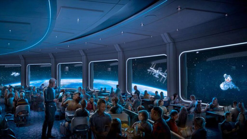 Space 220 Restaurant Concept Art with windows displaying views from Space