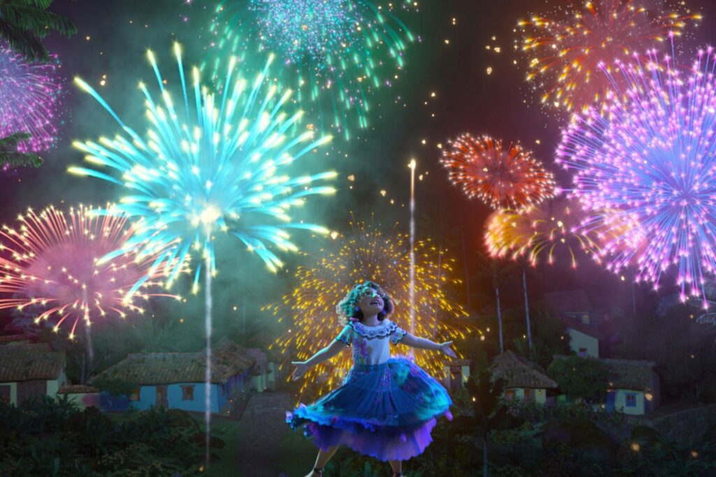 Mirabele with Frireworks behind her - An Exploration Of Disney's Encanto