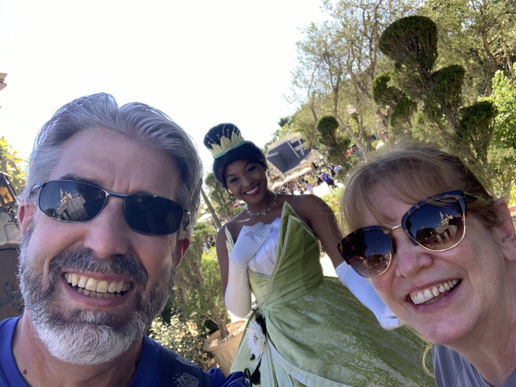Tom and Michelle with Princess Tiana - February 2022 Disneyland Visit Recap