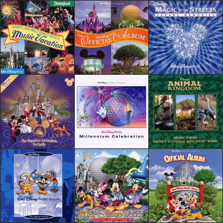 A compilation of Disney Parks music album covers - Creating Disney Magic - Disney Parks Background Music