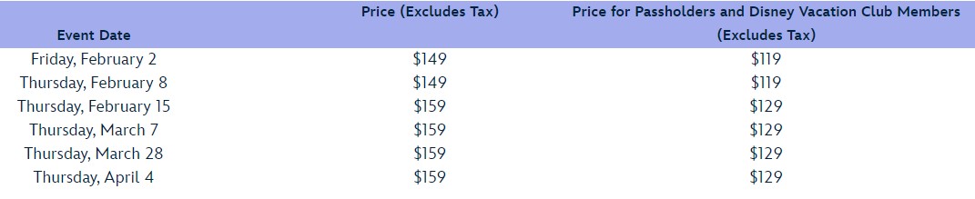 Disney's after hours event returning dates and prices at EPCOT