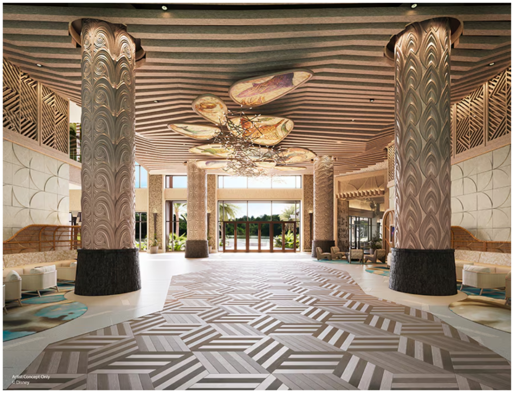 Island Tower Lobby displaying panels depicting wildlife native to the Polynesian Islands