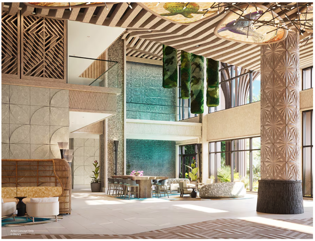 Polynesian Resort's Island Tower Lobby Entrance interior, displaying art pieces honoring Polynesian culture