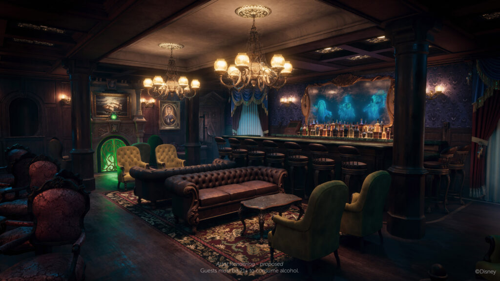 Disney Treasure Lounge with touches of the Haunted Mansion attraction: hitch-hiking ghosts image on the bar mirror, chandeliers, and eerie portraits