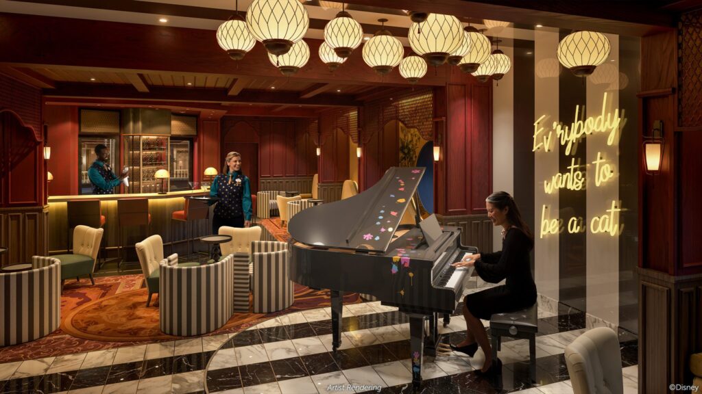 Disney Treasure's Scat Cat Lounge. A Piano Bar with cat paw prints across the piano like in the Disney animated film, "The Aristocats"