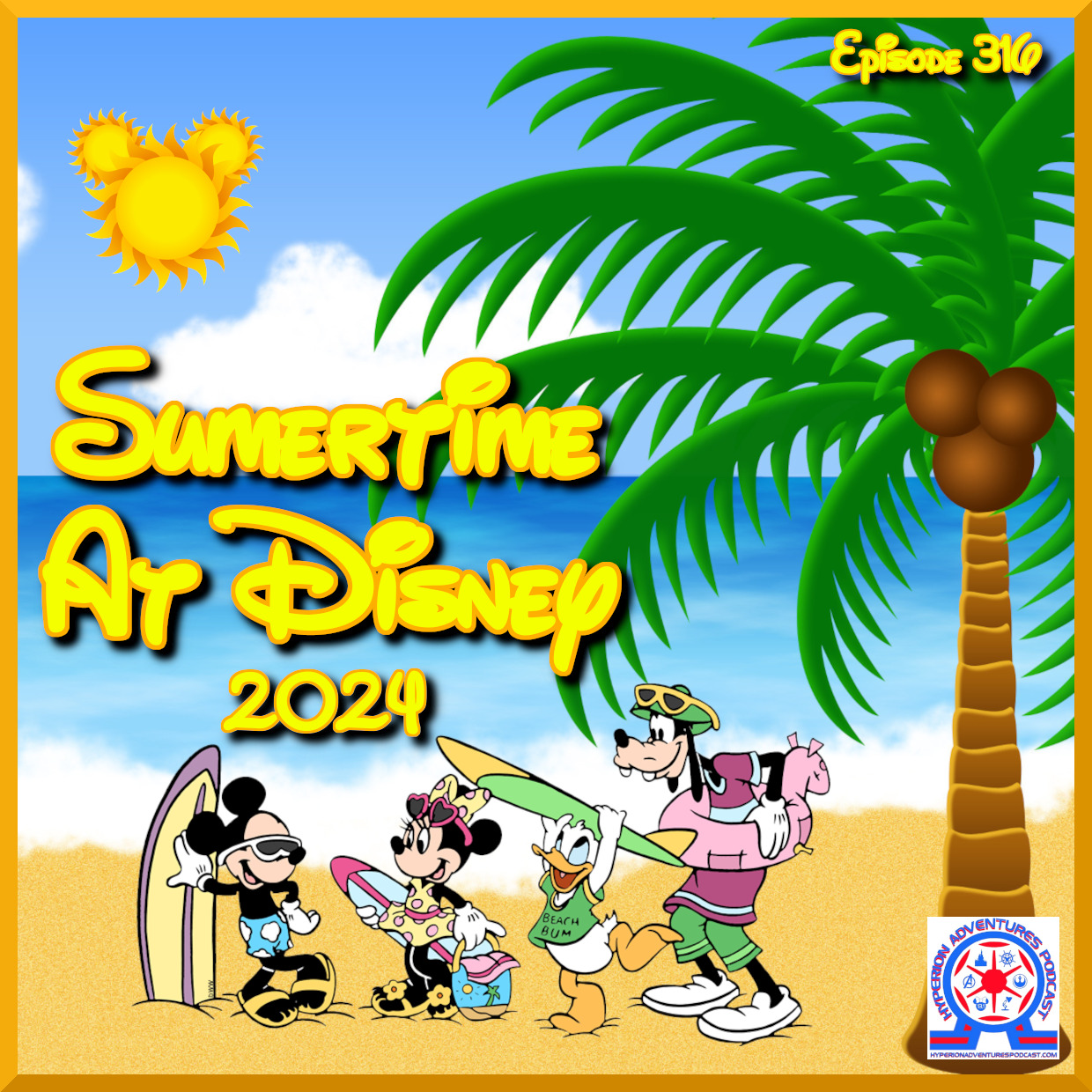 Disney Characters in summer clothes under the sun shaped as a mickey head profile