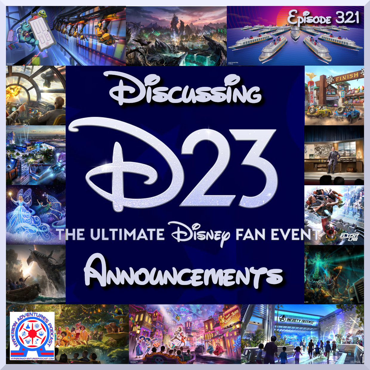 Collage of various Disney parks and cruises for out title page of discussing the D23 Announcements